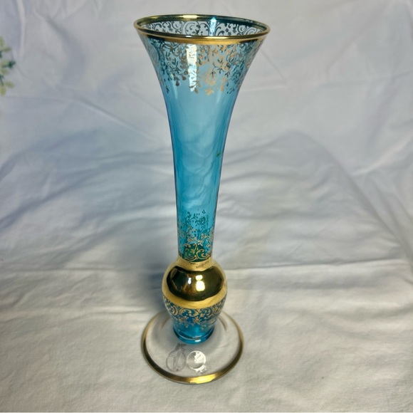 🔹 Vintage VR Crystal Vase Blue Clear Gold Rim 8” West Germany Label - Picture 10 of 10